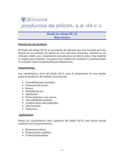 Fluido de silicÃ³n SI / 14 Hoja tÃ©cnica - Silicona.com.mx