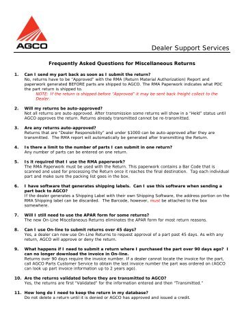 Miscellaneous Returns FAQ - AGCO DSS Team