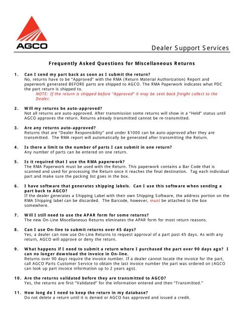 Miscellaneous Returns FAQ - AGCO DSS Team