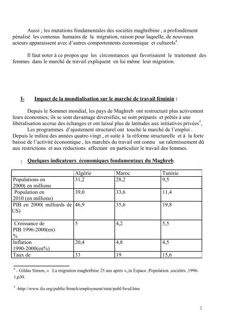 I- Impact de la mondialisation sur le marchÃ© de travail fÃ©minin : - ULB