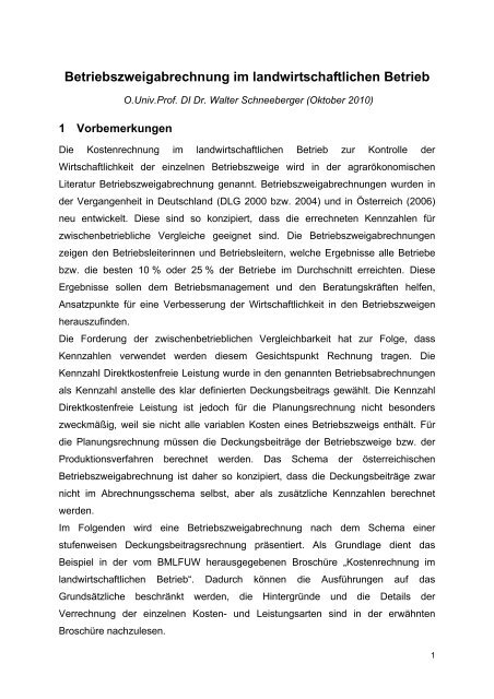 Betriebszweigabrechnung im landwirtschaftlichen Betrieb