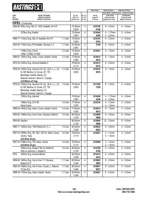 Alphabetical Listing Piston Rings - Hastings