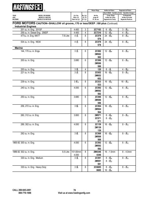 Alphabetical Listing Piston Rings - Hastings