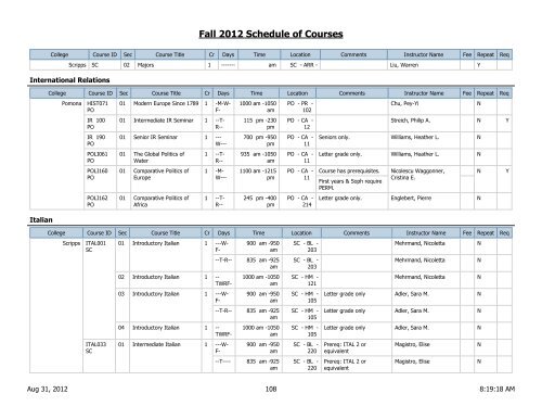 Fall 2012 Schedule of Courses - Scripps College