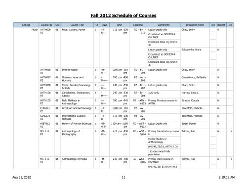 Fall 2012 Schedule of Courses - Scripps College