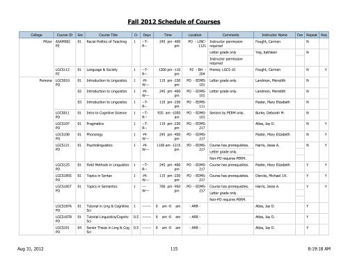 Fall 2012 Schedule of Courses - Scripps College