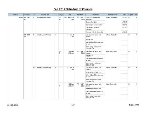 Fall 2012 Schedule of Courses - Scripps College