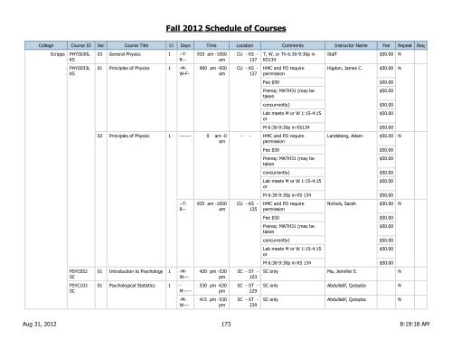 Fall 2012 Schedule of Courses - Scripps College