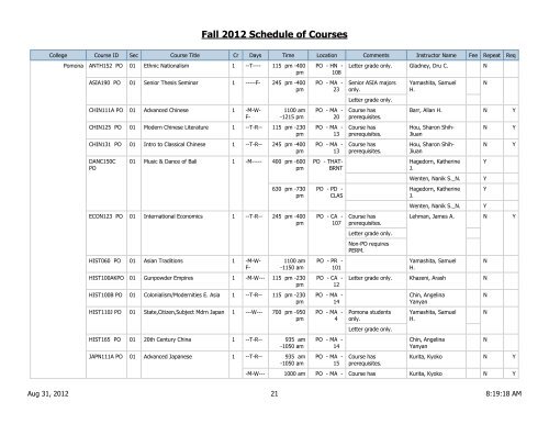 Fall 2012 Schedule of Courses - Scripps College