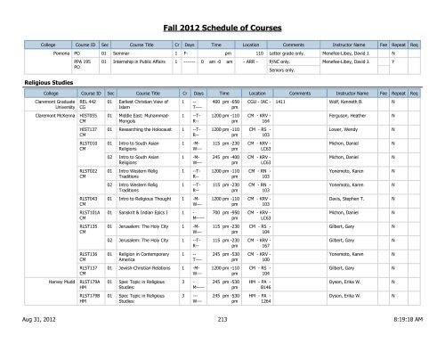 Fall 2012 Schedule of Courses - Scripps College