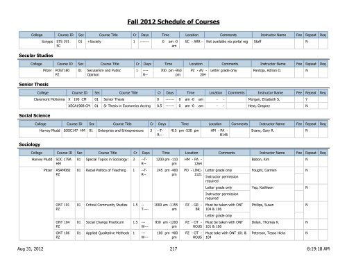 Fall 2012 Schedule of Courses - Scripps College