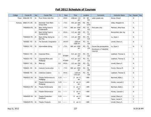 Fall 2012 Schedule of Courses - Scripps College