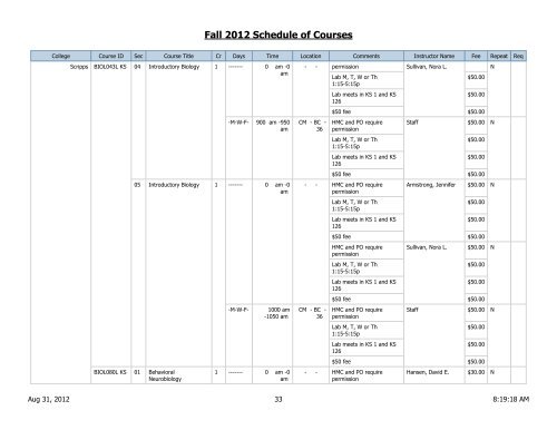 Fall 2012 Schedule of Courses - Scripps College