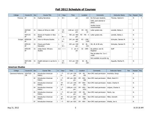 Fall 2012 Schedule of Courses - Scripps College