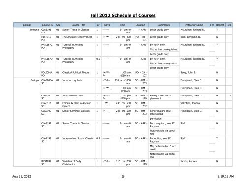 Fall 2012 Schedule of Courses - Scripps College