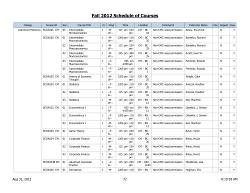 Fall 2012 Schedule of Courses - Scripps College