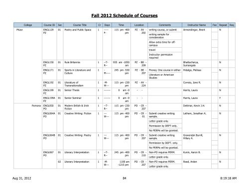 Fall 2012 Schedule of Courses - Scripps College