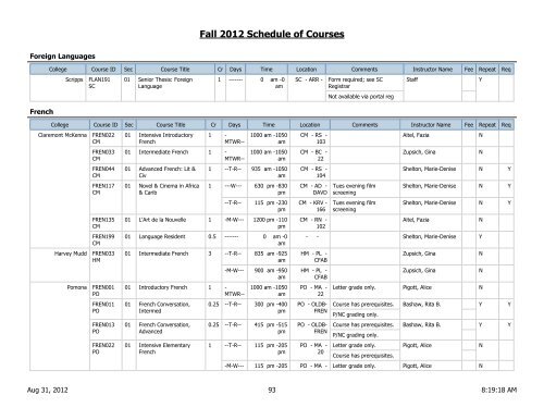 Fall 2012 Schedule of Courses - Scripps College