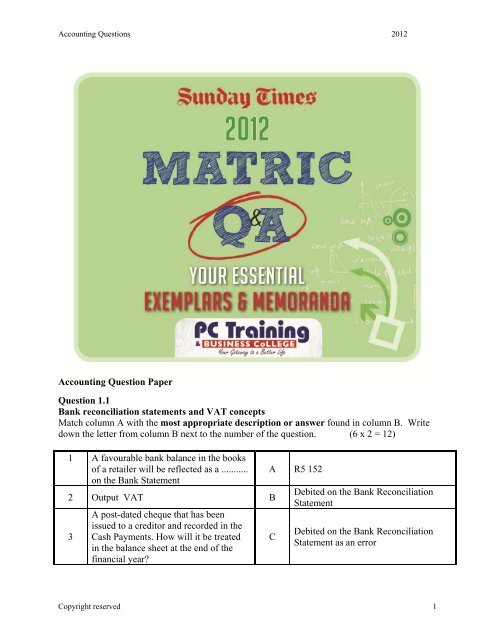 Grade 12 Accounting Question Paper 2012 - Times LIVE