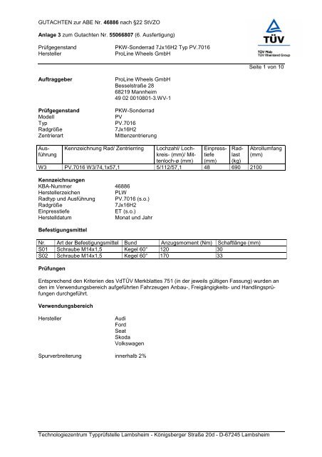 GUTACHTEN zur ABE Nr. 46886 nach Ã‚Â§22 StVZO Anlage 3 zum ...