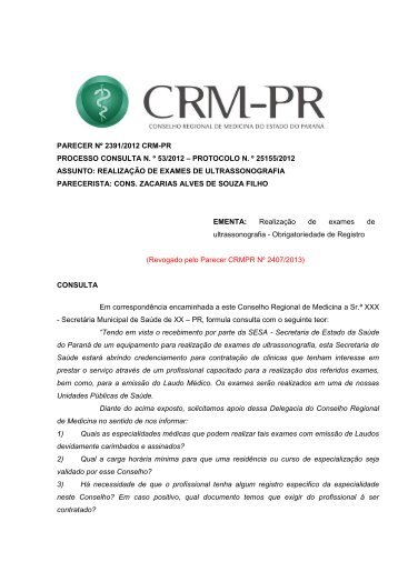 PARECER NÂº 2391/2012 CRM-PR PROCESSO CONSULTA N. Âº 53 ...