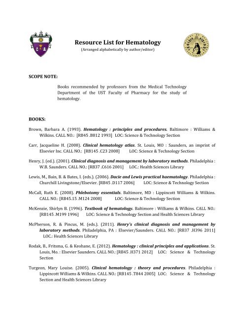 Resource List for Hematology - Miguel de Benavides Library