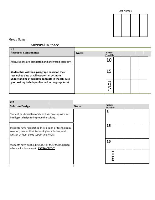 Space Survival Rubric Pdf