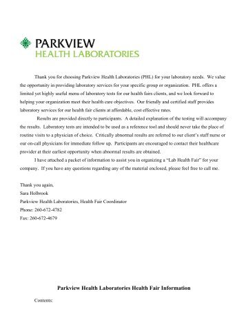 LETTER OF AGREEMENT - Parkview Health Laboratory