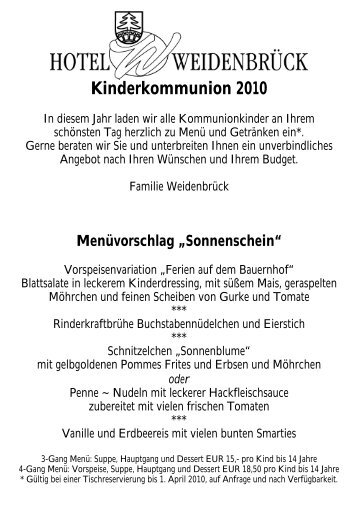 Kinderkommunion 2010 Menüvorschlag - Hotel Weidenbrueck