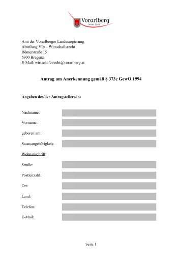 Antrag um Anerkennung gemäß § 373c GewO 1994 - Vorarlberg