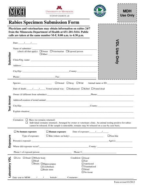 Rabies Specimen Submission Form - Veterinary Diagnostic ...