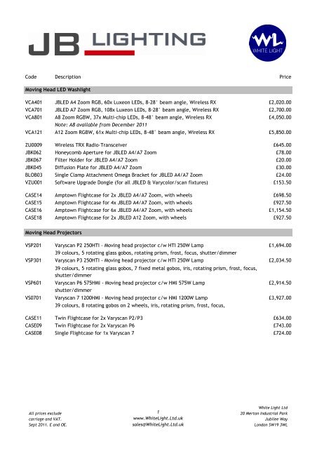 JB Lighting UK Price List September 2011 - WL ... - White Light