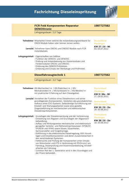 Schulungsprogramm 2012 für Kraftfahrzeug-Technik NEU!