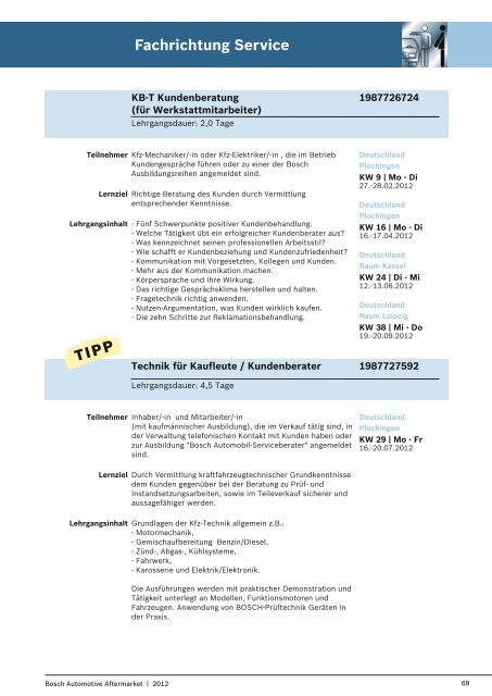 Schulungsprogramm 2012 für Kraftfahrzeug-Technik NEU!