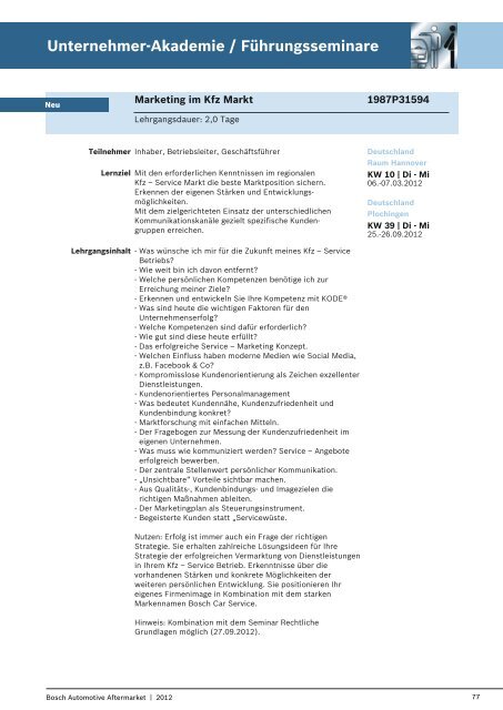 Schulungsprogramm 2012 für Kraftfahrzeug-Technik NEU!