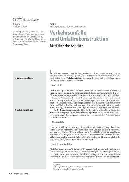 Verkehrsunfälle und Unfallrekonstruktion Medizinische Aspekte