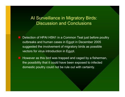 HPAI H5N1 Surveillance in Migratory Birds in Egypt - Middle East