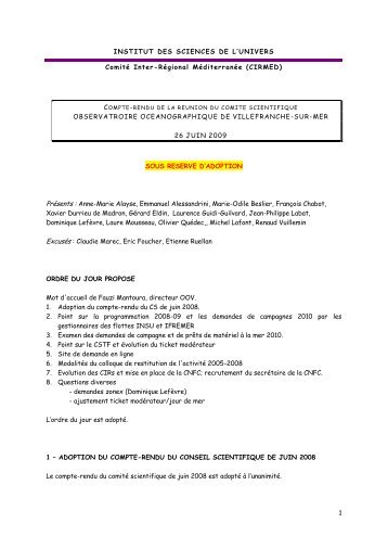 Compte-rendu de la rÃ©union du comitÃ© scientifique ... - CNFC - CNRS