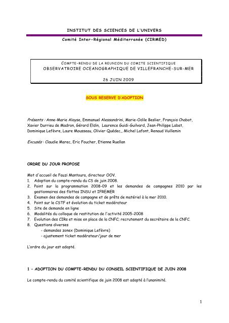 Compte-rendu de la rÃ©union du comitÃ© scientifique ... - CNFC - CNRS