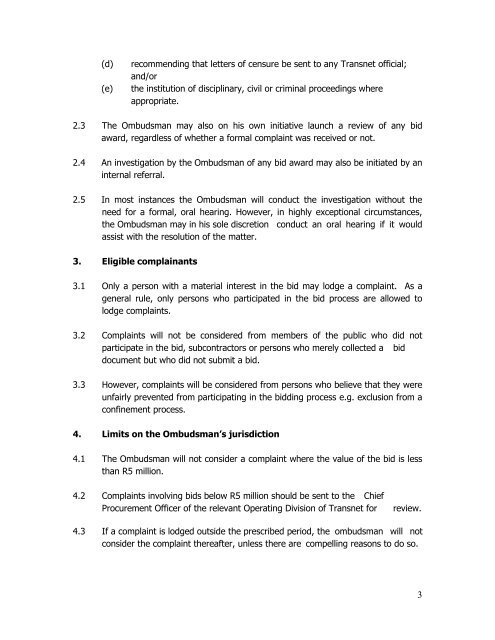 Terms of Reference of Ombudsman - Transnet