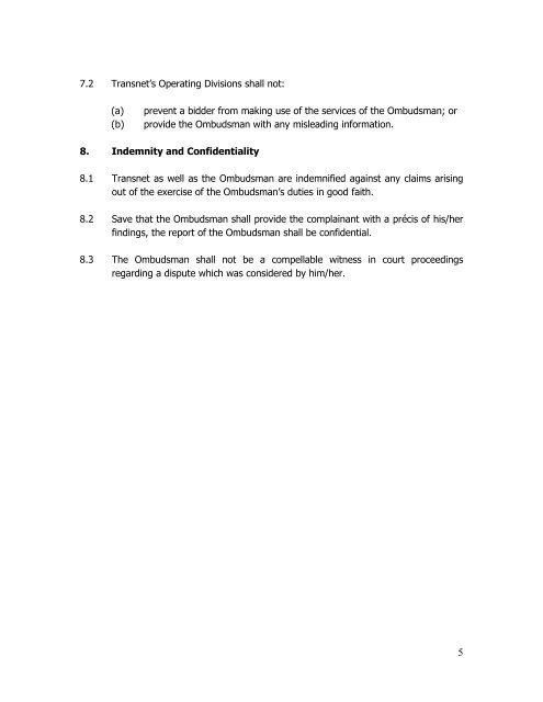 Terms of Reference of Ombudsman - Transnet