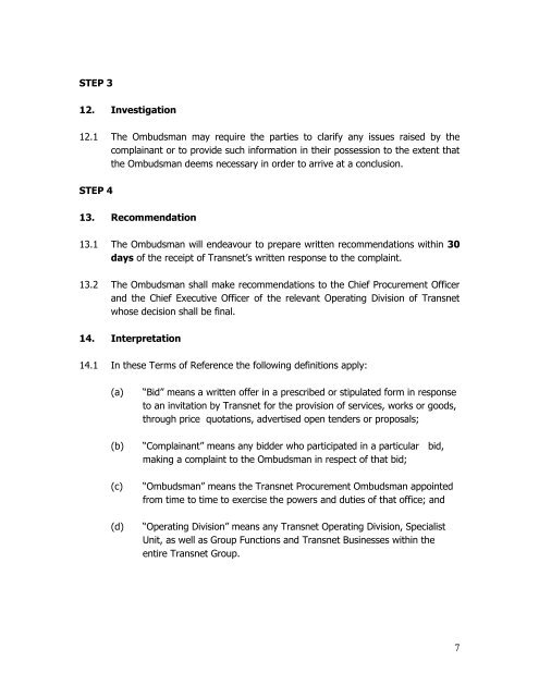 Terms of Reference of Ombudsman - Transnet