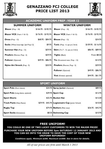 GENAZZANO FCJ COLLEGE PRICE LIST 2013 - Bob Stewart