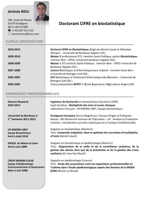 Doctorant CIFRE en biostatistique - Isped - UniversitÃ© Bordeaux ...