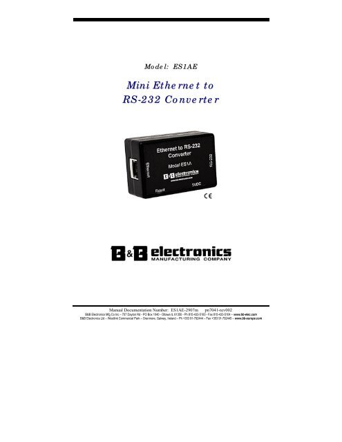 ES1AE - Manual - Mini Ethernet to RS-232 ... - B&B Electronics