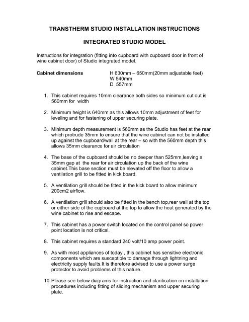 transtherm studio installation instructions - Vintec and Transtherm