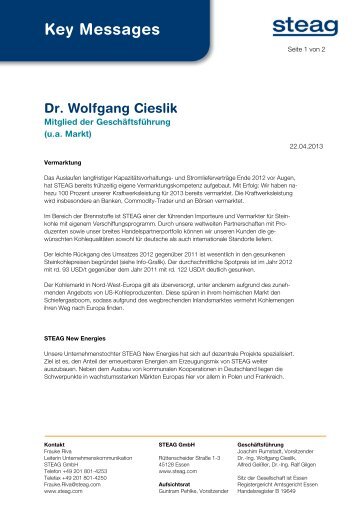 Key Messages Dr. Wolfgang Cieslik (u.a. Markt) - STEAG