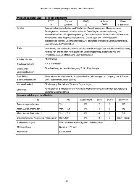 Modulhandbuch Bachelor of Science Psychologie - im ...