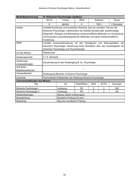 Modulhandbuch Bachelor of Science Psychologie - im ...