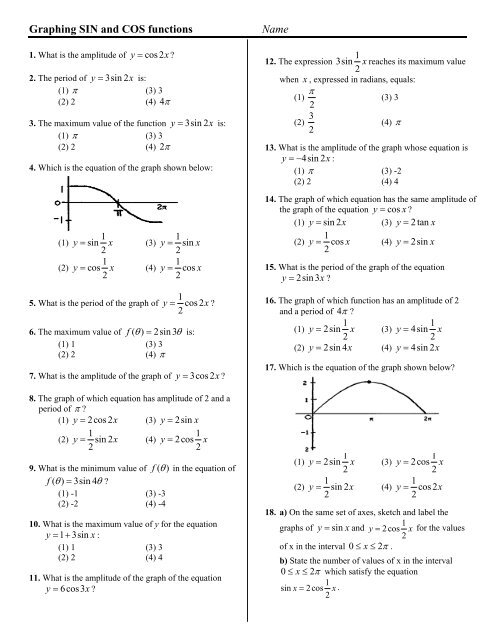 Graphing Sin And Cos Functions Name